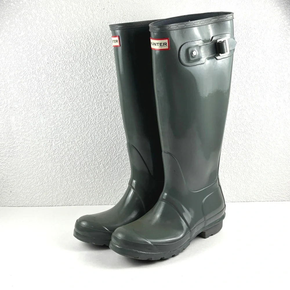 Hunter Original Tall Gloss Rain Boots Women 6 Green Waterproof Buckle Festival